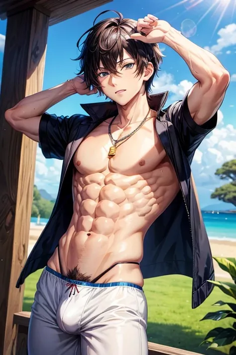 Anime boys abs wearing briefs and showing hairy belly button