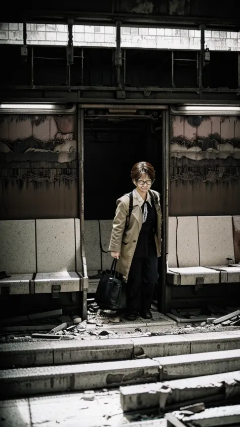 subway,Showa,Collapse,Devastation,Inside the ruins,Glasses,Women,adventure,Black and White,