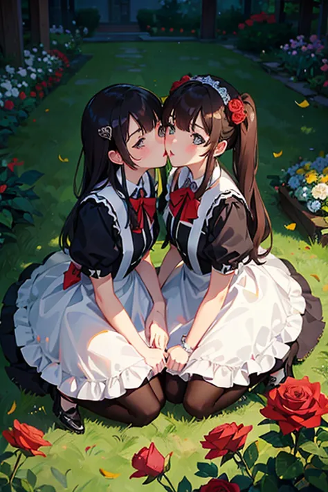 Two kissing maids in the rose garden 