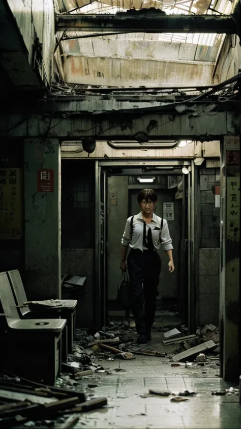 subway,Showa,Collapse,Devastation,Inside the ruins,Glasses,Women,adventure,Black and White,