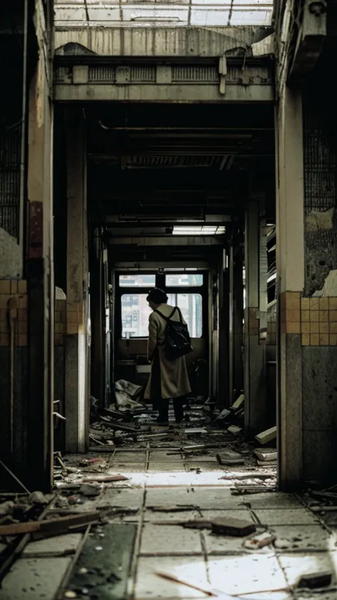 subway,Showa,Collapse,Devastation,Inside the ruins,Glasses,Women,adventure,Black and White,