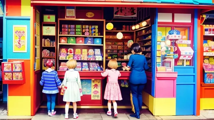 Showa candy shop、Japan candy shop、Sweets and snacks in the store、There are lots of things to play with and play equipment、kite、top、Menco、Marble。Playing、Surprise Ball、pistol、firework、balloon、Beigoma、Model、ミニカなどが並んでいるShowa candy shop、Children and an old woma...