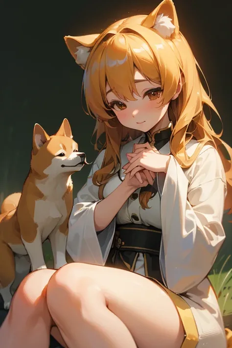 ((masterpiece, highest quality, High resolution)), ((Highly detailed CG integrated 8K wallpaper)),  Close-up photo of a Shiba Inu, A woman holding a Shiba Inu, Cute way to sit,