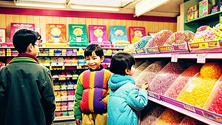 Showa candy shop、Japan candy shop、Sweets and snacks in the store、There are lots of things to play with and play equipment、kite、top、Menco、Marble。Playing、Surprise Ball、pistol、firework、balloon、Beigoma、Model、ミニカなどが並んでいるShowa candy shop、Children and an old woma...