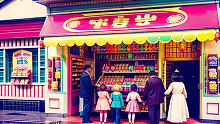 Showa candy shop、Japan candy shop、Sweets and snacks in the store、There are lots of things to play with and play equipment、kite、top、Menco、Marble。Playing、Surprise Ball、pistol、firework、balloon、Beigoma、Model、ミニカなどが並んでいるShowa candy shop、Children and an old woma...