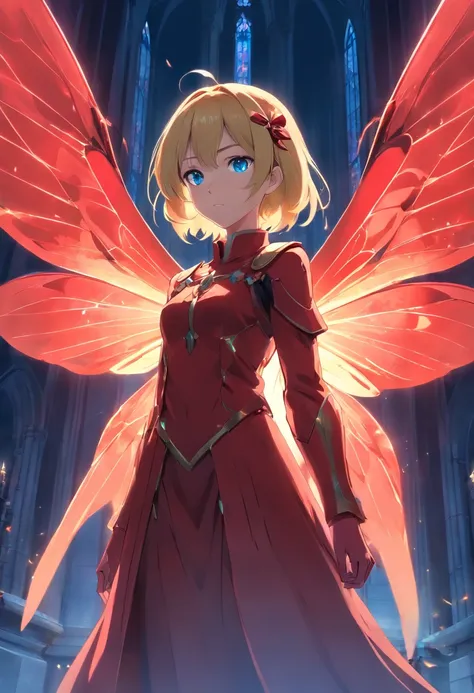 Evil woman, 8 massive red gigantic glowing transparent wings butterfly seraph, dark church, close up, from below, menacing, blonde hair, blue eyes