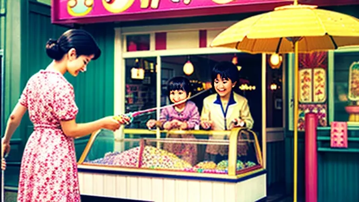 Showa candy shop、Japan candy shop、Sweets and snacks in the store、There are lots of things to play with and play equipment、kite、top、Menco、Marble。Playing、Surprise Ball、pistol、firework、balloon、Beigoma、Model、ミニカなどが並んでいるShowa candy shop、Children and an old woma...