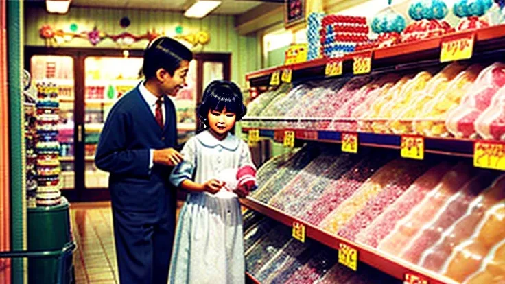 Showa candy shop、Japan candy shop、Sweets and snacks in the store、There are lots of things to play with and play equipment、kite、top、Menco、Marble。Playing、Surprise Ball、pistol、firework、balloon、Beigoma、Model、ミニカなどが並んでいるShowa candy shop、Children and an old woma...