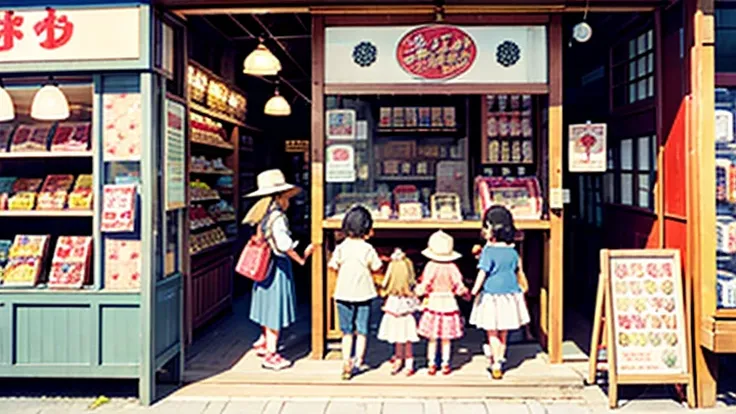 Showa candy shop、Japan candy shop、Sweets and snacks in the store、There are lots of things to play with and play equipment、kite、top、Menco、Marble。Playing、Surprise Ball、pistol、firework、balloon、Beigoma、Model、ミニカなどが並んでいるShowa candy shop、Children and an old woma...