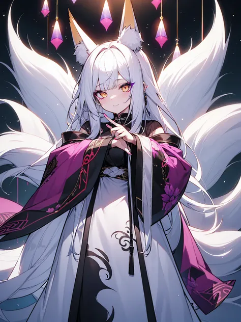 High resolution、highest quality、4K、bangs、Long white hair、Tattoos on the face、Slanted Eyes、Purple lipstick、Glowing yellow eyes、Pale skin、nine tailed fox、9The Fox&#39;s Tailを持つ少女、Purple Oiran、Big white fox ears、Large Breasts、Cleavage、Bad Smile、attack、Blue Fl...