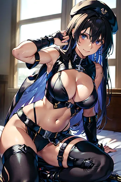 (Thynasha:1.2),dark blue hair,very long hair, purple eyes,(beautiful detailed eyes:1.0), extremely detailed face, perfect lighting, hair between eyes,bangs, (black beret, black jacket, open clothes, cleavage, midriff, black medium skirts,  black thighhighs...