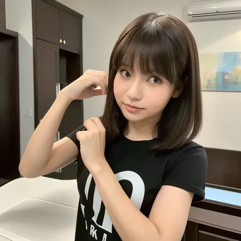 (Best quality, 8k, 32k, Masterpiece, ultra detailed, UHD:1.4),(1girl,solo:1.1),natural skin texture,detailed skin, hyperrealism,ultra sharpness,
slender,medium hair,swept bangs, light brown hair,black t-shirt, at the room,kitagawa keiko,hashimoto kanna,sel...