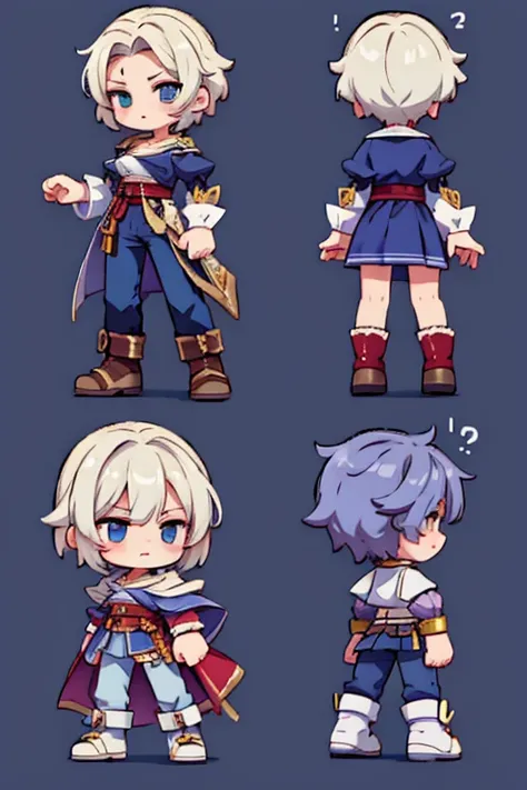 character sheet, full length, front and side view, rpg maker:: Swordsman, Castlevania style top to bottom, sprites create walking animation for the character, with at least 4 different poses rpgmaker:: --ar 7:5