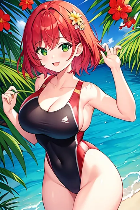 1girl, red hair, medium hair, short hair, flower, flower orbament, ornament, hair ornament, green eyes, one-piece swimsuit, competition swimsuit, large breasts, wide hips, thick thighs, smile, breast suppress,