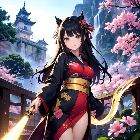 ((Dark world)),Professional , masterpiece、highest quality、Photo Real , Depth of written boundary 、（Sexy pose）、(A black maple tree in full bloom),（Ultimate beauty）、Black-haired、Mystical Expressions、（Shrine Background)、（Beautifully patterned kimono）、（Night B...