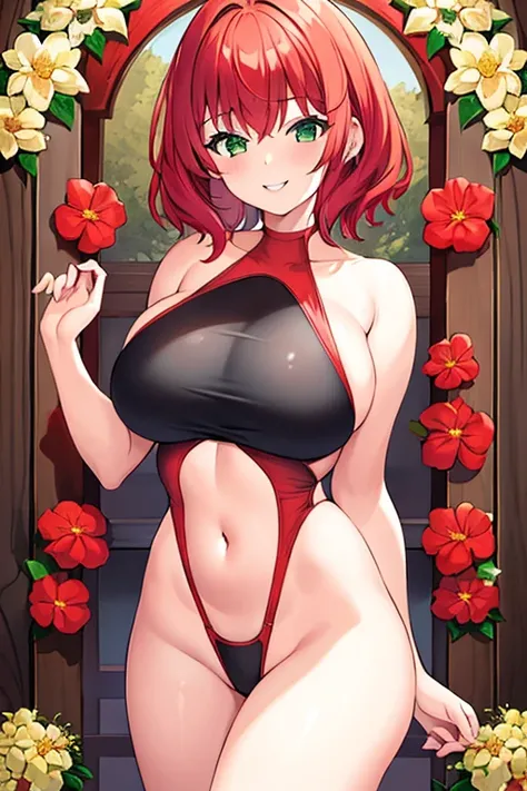 1girl, red hair, medium hair, short hair, flower, flower orbament, ornament, hair ornament, green eyes, one-piece swimsuit, competition swimsuit, large breasts, wide hips, thick thighs, smile, breasts supress, ((breast suppress)), hands on breasts