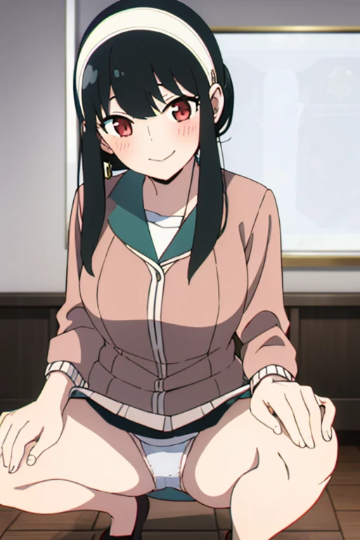 (masterpiece, highest quality: 1.2), alone, 1 girl, alone, panties，，blush，Sailor suit，blazer，your heather, smile, Mouth closed, View your viewers, Long black hair, head band,  Earrings, Big Breasts, Medium Waist, Medium Hips, wide thighs, Embarrassing, Cha...