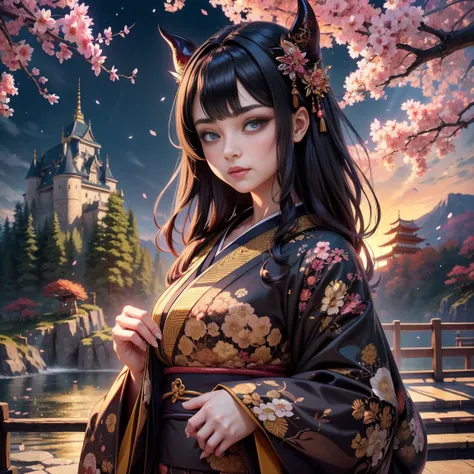 ((Dark world)),Professional , masterpiece、highest quality、Photo Real , Depth of written boundary 、（Sexy pose）、(A black maple tree in full bloom),（Ultimate beauty）、Black-haired、Mystical Expressions、（Shrine Background)、（Beautifully patterned kimono）、（Night B...