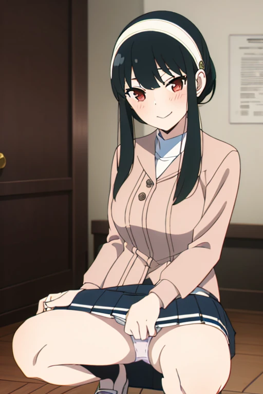 (masterpiece, highest quality: 1.2), alone, 1 girl, alone, panties，，blush，Sailor suit，blazer，your heather, smile, Mouth closed, View your viewers, Long black hair, head band,  Earrings, Big Breasts, Medium Waist, Medium Hips, wide thighs, Embarrassing, Cha...