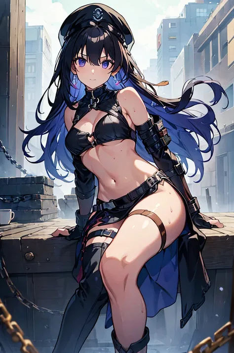 (Thynasha:1.2),dark blue hair,very long hair, purple eyes,(beautiful detailed eyes:1.0), extremely detailed face, perfect lighting, hair between eyes,bangs, (black beret, black jacket, open clothes, cleavage, midriff, black medium skirts,  black thighhighs...