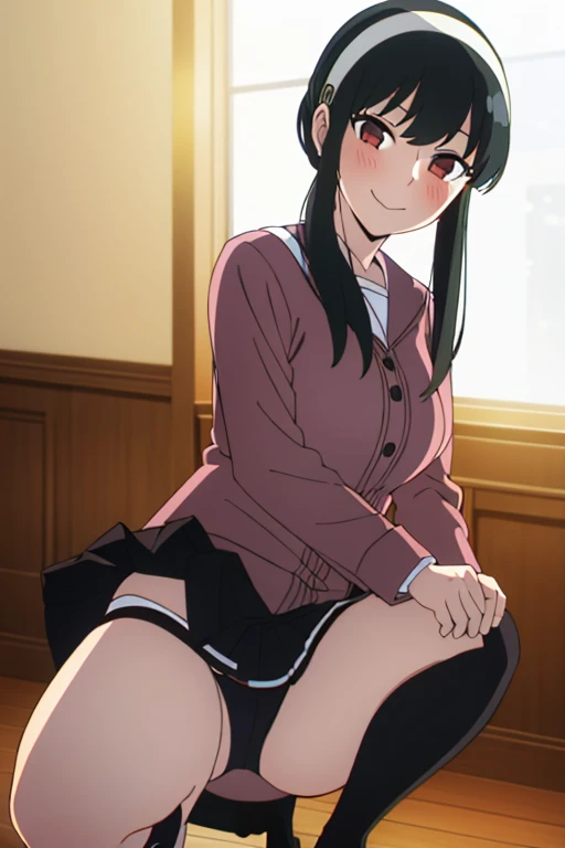 (masterpiece, highest quality: 1.2), alone, 1 girl, alone, panties，，blush，Sailor suit，blazer，your heather, smile, Mouth closed, View your viewers, Long black hair, head band,  Earrings, Big Breasts, Medium Waist, Medium Hips, wide thighs, Embarrassing, Cha...