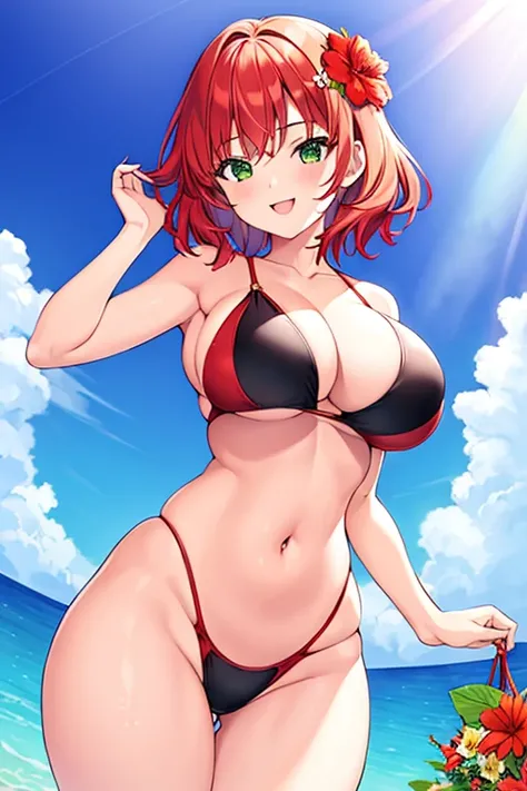 1girl, red hair, medium hair, short hair, flower, flower orbament, ornament, hair ornament, green eyes, one-piece swimsuit, competition swimsuit, large breasts, wide hips, thick thighs, smile, breasts supress, ((breast suppress)), hands on breasts