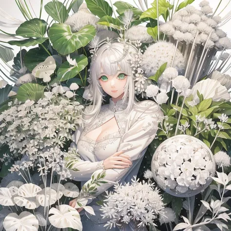 white world、a pure white plant that lacks chlorophyll、a beautiful woman lost in a land of white plants、surrounded by a forest of...