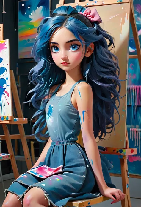 ((A girl in a art studio)) A girl is sits by a easle which has a canvas. She  holds a paint brush with  blue paint on the tip of the brush.  The girl has long blue hair and pink eyes wearing blue dress. ((on the canvas is blue eye girl with a black hair ba...