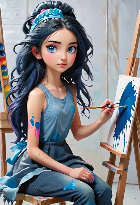 ((A girl in a art studio)) A girl is sits by a easle which has a canvas. She  holds a paint brush with  blue paint on the tip of the brush.  The girl has long blue hair and pink eyes wearing blue dress. ((on the canvas is blue eye girl with a black hair ba...