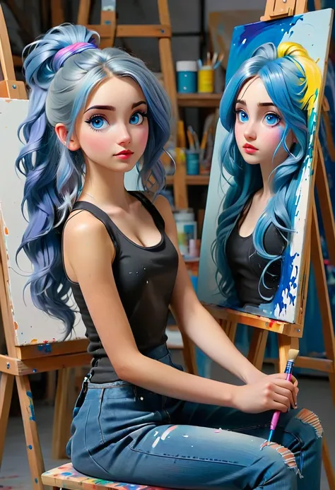 ((A girl in a art studio)) A girl  sits by a easle which has a canvas. She  holds a paint brush with  blue paint on the tip of the brush.  The girl has long blue hair and pink eyes wearing blue dress. ((on the canvas is blue eye girl with  long, blonde, po...