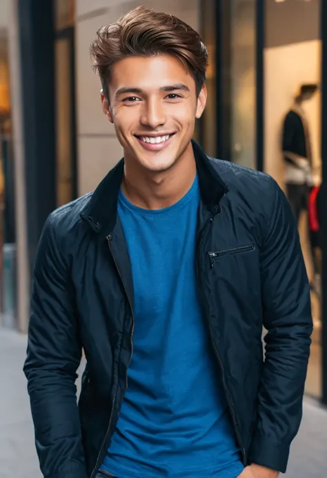 american man with a blue shirt and a black jacket smiling, young man with beautiful face, handsome attractive face, smiling male, attractive male, attractive man, attractive young man, beautiful young man, portrait of beautiful young man, perfect handsome ...