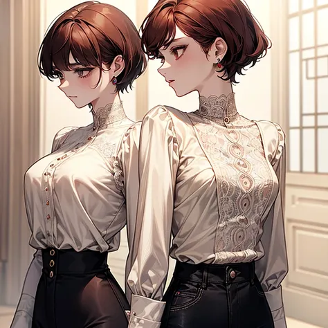 Reddish brown hair、Pixie Cut、Bob、Nape、Short nape、White lace high neck long sleeve blouse、Black jeans、Long eyelashes、fine、young、delicate、10th Generation、Slender girl、Earrings、Livelinesodest chest、