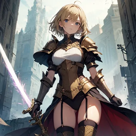 Short Hair、Blonde、armor、Gauntlet、dress、garter belt、stockings、sword