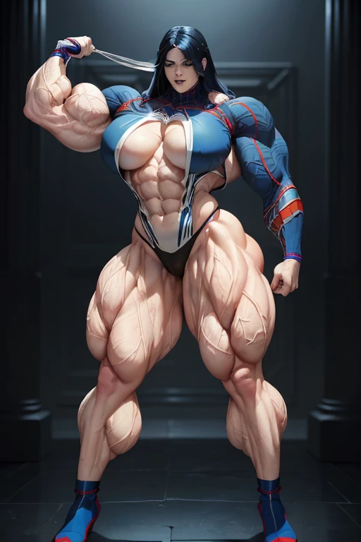 ((((Massive, beautiful, buff, pale white skinned, muscular woman with royal blue hair, black lipstick, ginormous bulky muscles and wearing a royal blue purple Spider-man costume with pants)))), (close view), massive muscle, massive biceps, hyper muscle tri...