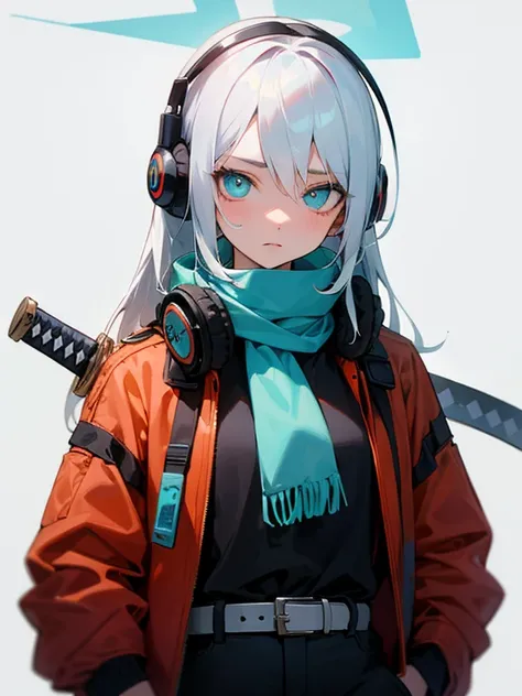 Masterpiece, best quality, expressive eyes, perfect face, 1girl, cyan eyes, white hair, long hair, headphones, scarf, jacket, belt, shorts, upper_body, sword at back, holding katana, holding_weapon 