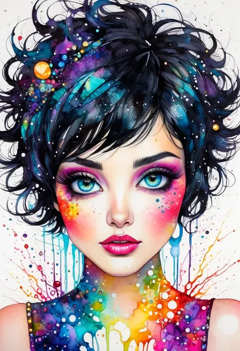 Woman short black hair, explosion of colors, resin and alcohol ink. Bright, colorful, detailed eyes, watercolor, studio photo, intricate detail, highly detailed, Jeremiah Ketner style.