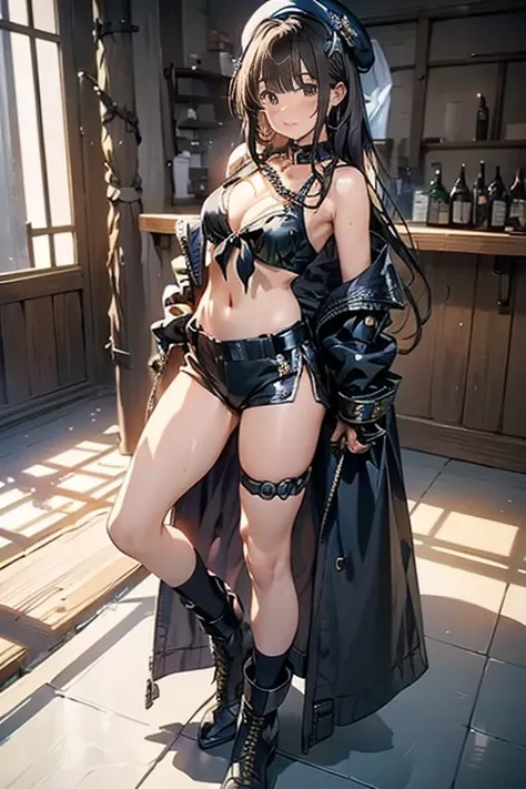 (Thynasha:1.2),dark blue hair,very long hair, purple eyes,(beautiful detailed eyes:1.0), extremely detailed face, perfect lighting, hair between eyes,bangs, (black beret, black jacket, open clothes, cleavage, midriff, black medium skirts,  black thighhighs...