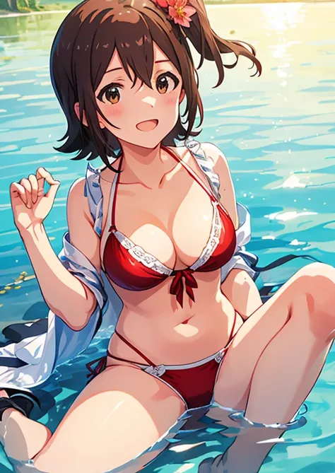 Mirai Kasuga, (highest quality, 8k, masterpiece, Very detailed:1.2), (Lens flare, Particles of light, Shine), Big Breasts, smile, Open your mouth, masterpiece, highest quality, Very detailed, High resolution, Very detailedなCG, (Official Art), Red Bikini , ...