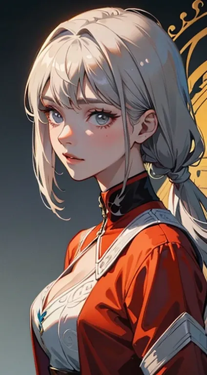 A painting of a woman with gray hair and an orange top, stunning anime face portrait, beautiful character painting, beautiful anime portrait, her image is rendered by red paint, presenting a stunning effect. The painting is very detailed, depicting womens ...