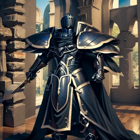 (masterpiece, best quality, detailed:1.2) blackknight_fe, armor, cape, helmet, sword,rd, shield, the cloak is black on both side...