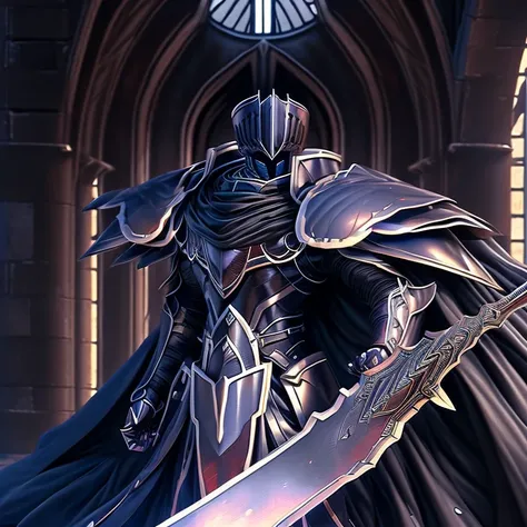 (masterpiece, best quality, detailed:1.2) BlackKnight_fe, Armor, Cape, Helmet, Sword,rd, shield, The cloak is black on both sides, Best Quality, super detailed illustration, castle ruin, Heroic pose The inside of the arm also wears armor, polished armor,