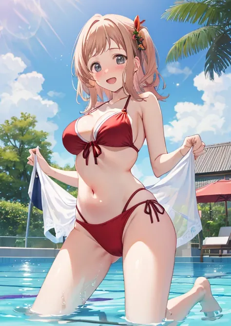 Mirai Kasuga, (highest quality, 8k, masterpiece, Very detailed:1.2), (Lens flare, Particles of light, Shine), Big Breasts, smile, Open your mouth, masterpiece, highest quality, Very detailed, High resolution, Very detailedなCG, (Official Art), Red Bikini , ...