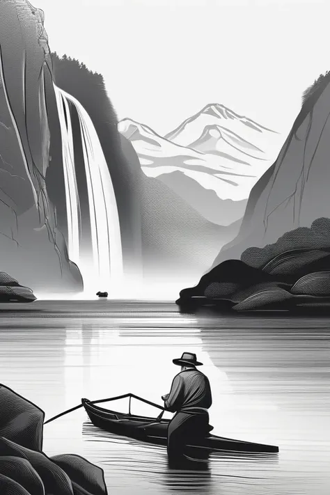 A old man in center of image, fishing rod in hand, large mordern boat, river between mountains, small and large rocks, waterfall in background, only outline used, outline, black and white, datails of frame, day shunshine, sun between clouds, no color (colo...