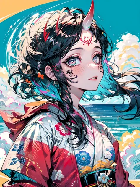 (best quality, high details:1.2), (scenery:1.3), beautiful face, 1girl, a girl in a patterned kimono, (looking at the viewer:1.3...