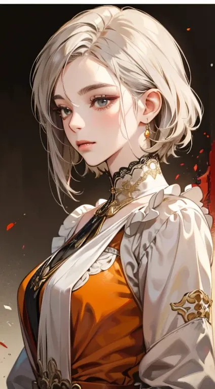 a painting of a woman yellow gray hair and an orange top, stunning anime face portrait, beautiful character painting, beautiful ...