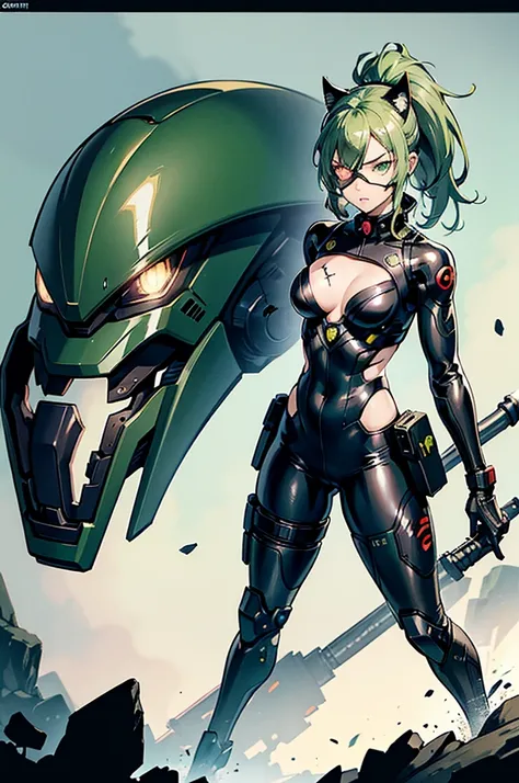 tired, annoyed, anime cat woman, green eyes and light green hair, cybernetic eye prosthesis, eye patch, face scar, sci-fi, mecha outfit, cybersuit, techwear, missing eye, burns, red eye prosthesis, muscular, messy ponytail, loose clothes, smaller breasts, ...