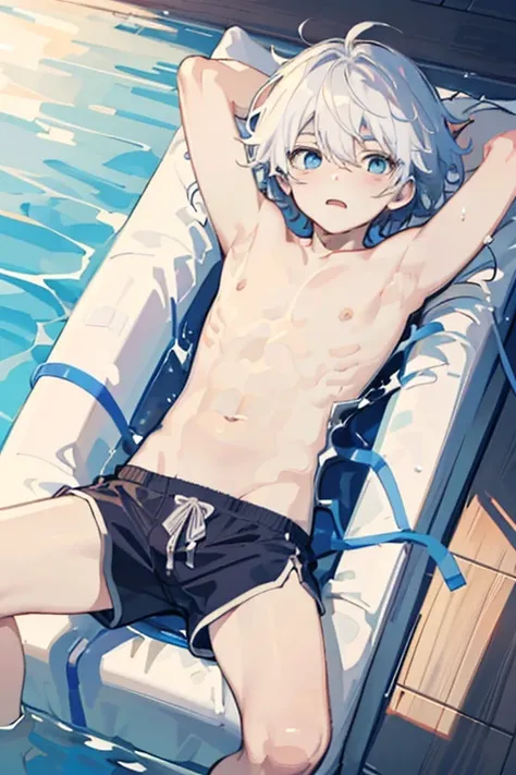 ((Best quality)), ((masterpiece)), (detailed), perfect face cute boy shy 12 years old shirtless in short swimming trunks white hair and blue eyes thin lying on the bed with his arms outstretched up