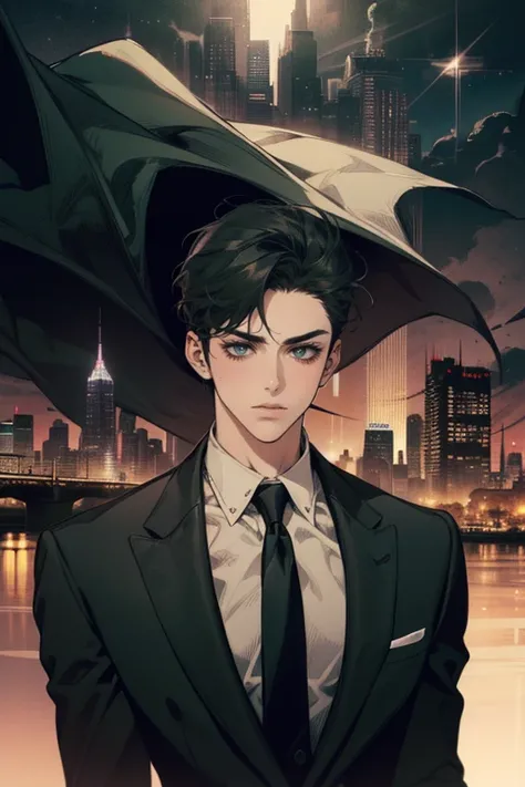 ((One man with a black suit and tie)), gotham, 1980s, alejandro, (((one-side swept black short hair))), (dark green eyes and thick eyebrows), smirk, ((20 years old)), ((masterpiece)), posture dynamic,