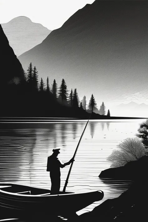 A old man in center of image, fishing rod in hand, large mordern boat, river between mountains, small and large rocks, waterfall in background, only outline used, outline, black and white, datails of frame, day shunshine, sun between clouds, no color (colo...