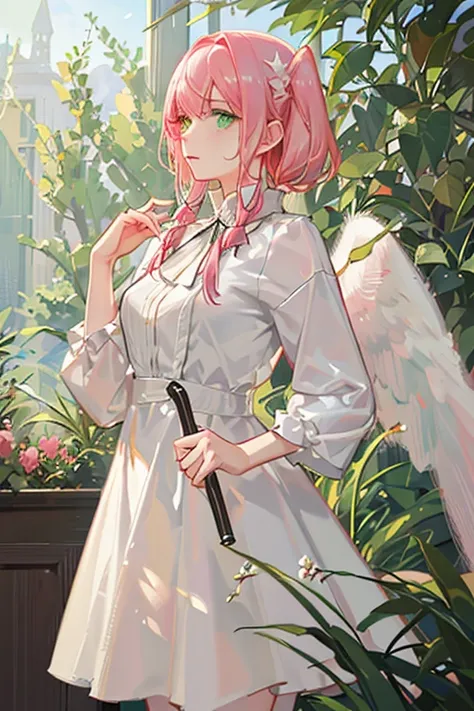 artwork, best quality, 8k, Photographic Reality, realistic, octane rendering, forest in New Zealand (1 angel woman: 1.4), (Only one woman on screen: 1.3), (white shirt), (long pink hair) (green eyes) (long white dress) (long white wings)